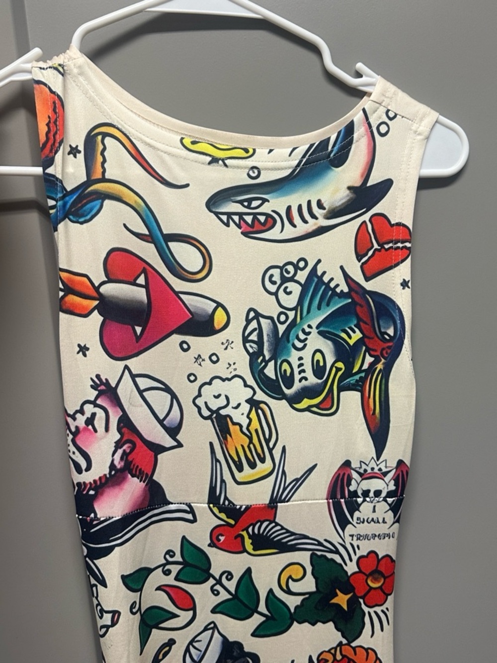 Cream Tattoo-Print Midi Dress with Colorful Graphic Motifs